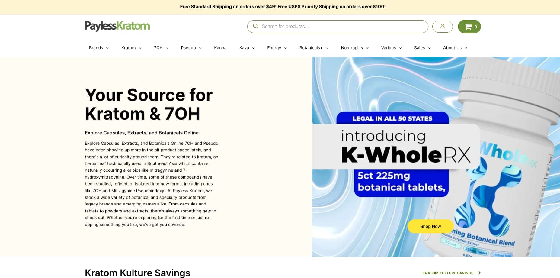 Payless Kratom review website homepage showing 60 plus kratom brands available